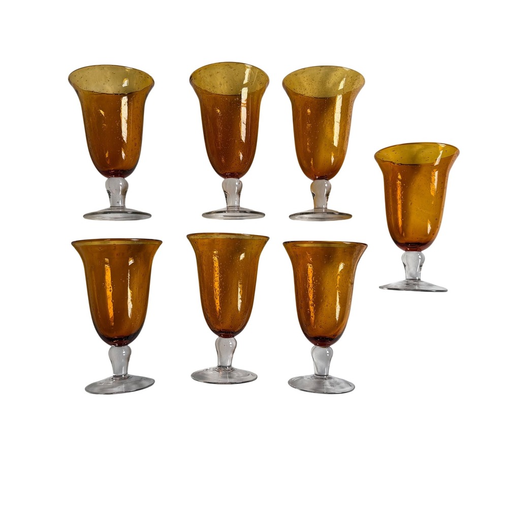 VTG Artland Iris Amber Bubble Glass Water Goblets Set of 7 Hand Blown Stemware